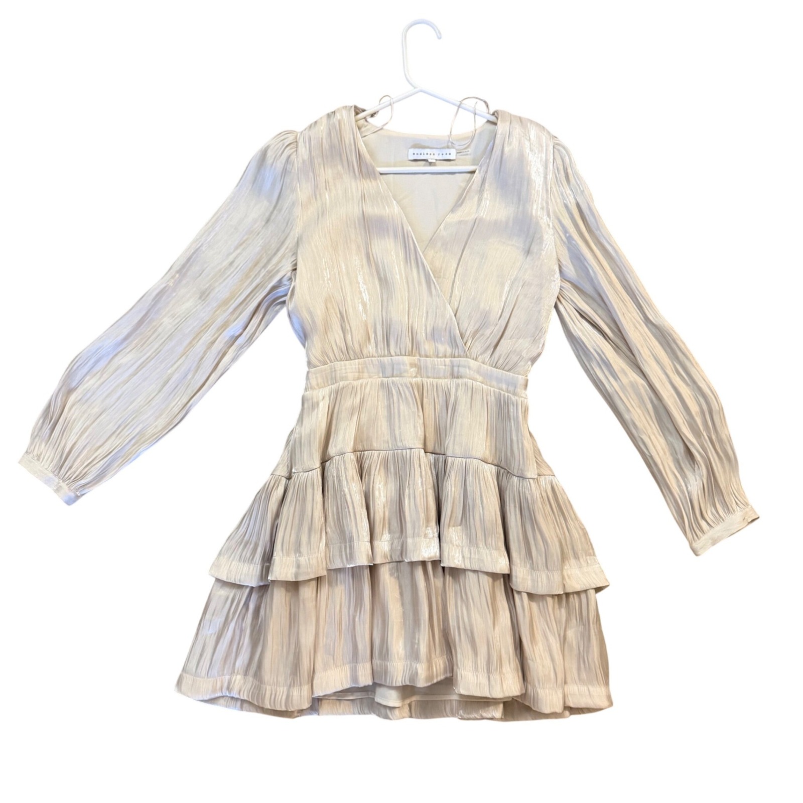 Endless Rose Champagne Metallic Pleated Tiered Mini Dress V-Neck Long Sleeve S